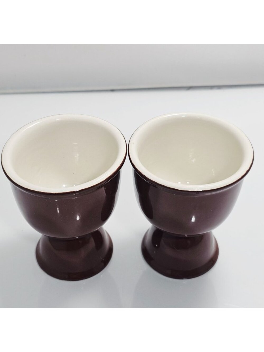 2 Vintage Brown Ceramic Egg Cups 4" glazed dual end cup versatile use farmhouse - Picture 2 of 9